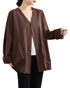 Women's Shirt V-Neck Button Down Long Sleeve Two Side Pockets Flowy Hem Top Loose Oversize GA2771