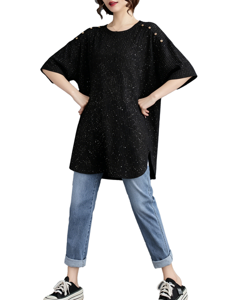 ellazhu Women's Starry Sequin Tunic Top Oversized Crew Neck Short Sleeve Ribbed Loose Plus Size Casual Shirt GA2775