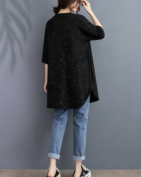 ellazhu Women's Starry Sequin Tunic Top Oversized Crew Neck Short Sleeve Ribbed Loose Plus Size Casual Shirt GA2775