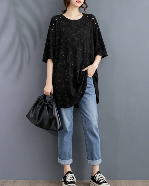 ellazhu Women's Starry Sequin Tunic Top Oversized Crew Neck Short Sleeve Ribbed Loose Plus Size Casual Shirt GA2775