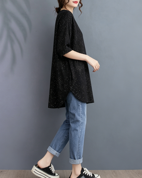 ellazhu Women's Starry Sequin Tunic Top Oversized Crew Neck Short Sleeve Ribbed Loose Plus Size Casual Shirt GA2775
