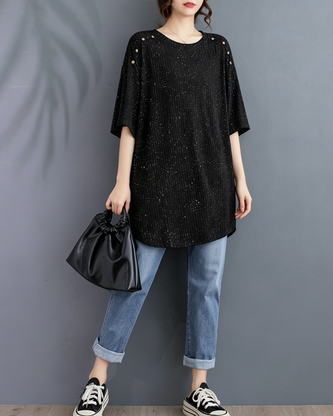 ellazhu Women's Starry Sequin Tunic Top Oversized Crew Neck Short Sleeve Ribbed Loose Plus Size Casual Shirt GA2775