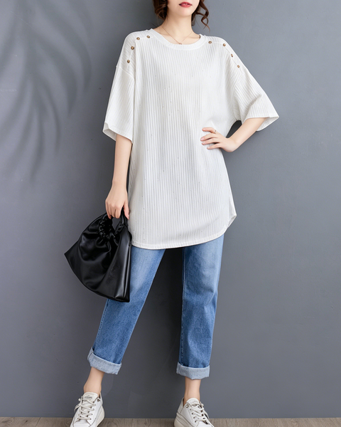 ellazhu Women's Starry Sequin Tunic Top Oversized Crew Neck Short Sleeve Ribbed Loose Plus Size Casual Shirt GA2775