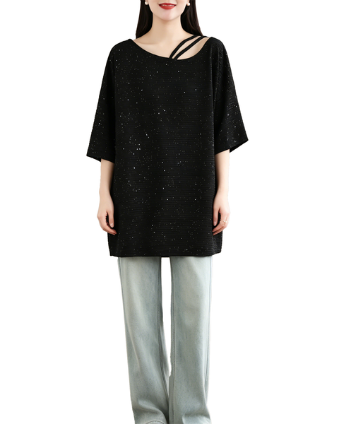 ellazhu Women's Sequin Tunic Top Cutout Neck Oversized Ribbed Short Sleeve Loose Plus Size Casual Sparkle Shirt GA2776