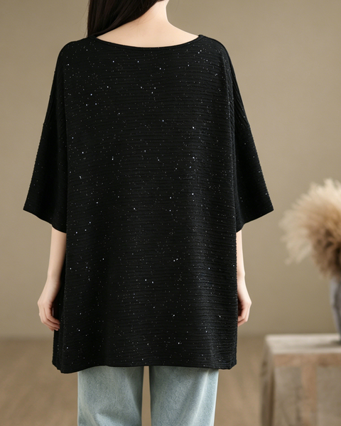 ellazhu Women's Sequin Tunic Top Cutout Neck Oversized Ribbed Short Sleeve Loose Plus Size Casual Sparkle Shirt GA2776