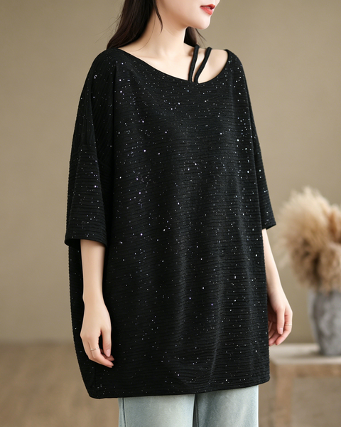 ellazhu Women's Sequin Tunic Top Cutout Neck Oversized Ribbed Short Sleeve Loose Plus Size Casual Sparkle Shirt GA2776