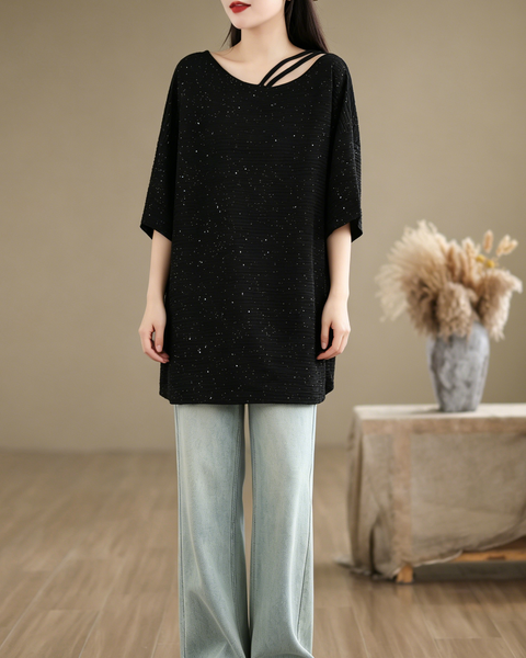 ellazhu Women's Sequin Tunic Top Cutout Neck Oversized Ribbed Short Sleeve Loose Plus Size Casual Sparkle Shirt GA2776
