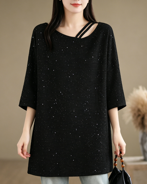 ellazhu Women's Sequin Tunic Top Cutout Neck Oversized Ribbed Short Sleeve Loose Plus Size Casual Sparkle Shirt GA2776