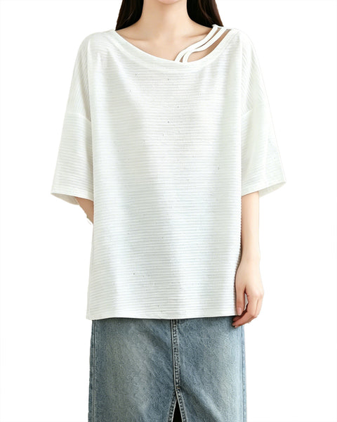 ellazhu Women's Sequin Tunic Top Cutout Neck Oversized Ribbed Short Sleeve Loose Plus Size Casual Sparkle Shirt GA2776