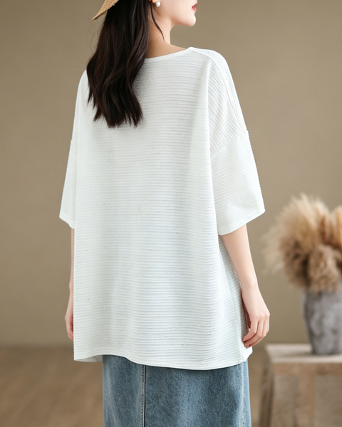 ellazhu Women's Sequin Tunic Top Cutout Neck Oversized Ribbed Short Sleeve Loose Plus Size Casual Sparkle Shirt GA2776