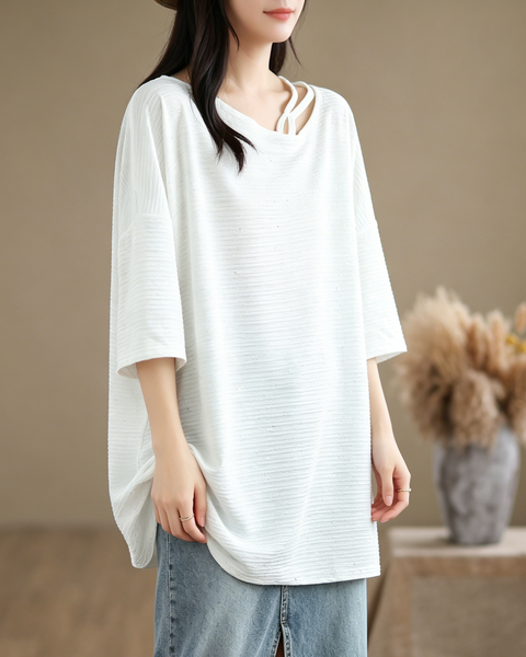 ellazhu Women's Sequin Tunic Top Cutout Neck Oversized Ribbed Short Sleeve Loose Plus Size Casual Sparkle Shirt GA2776