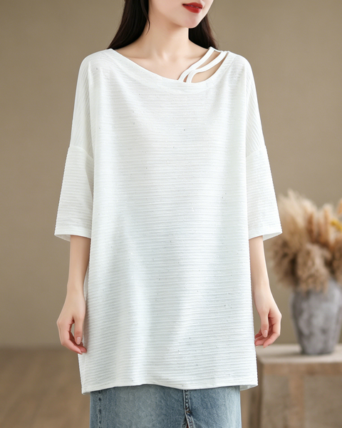 ellazhu Women's Sequin Tunic Top Cutout Neck Oversized Ribbed Short Sleeve Loose Plus Size Casual Sparkle Shirt GA2776