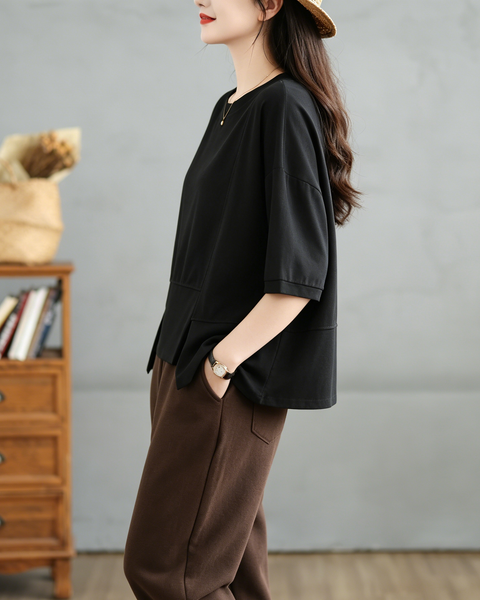 ellazhu Women's Irregular Hem Tee Crew Neck Short Sleeve Drop Shoulder Loose Plus Size Casual Summer Cotton Top GA2777