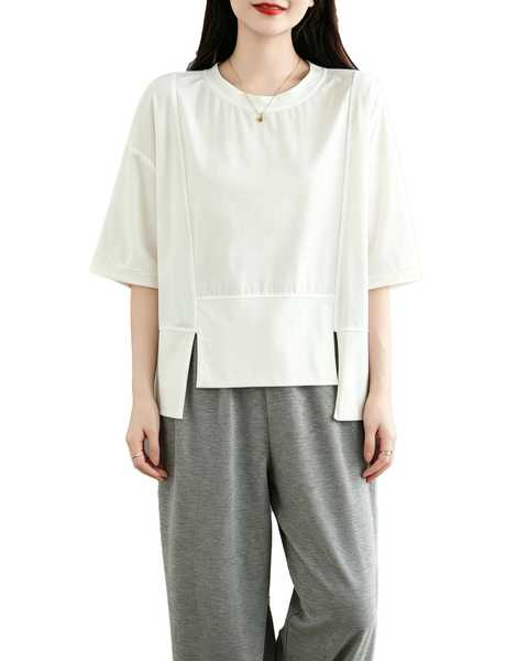 ellazhu Women's Irregular Hem Tee Crew Neck Short Sleeve Drop Shoulder Loose Plus Size Casual Summer Cotton Top GA2777