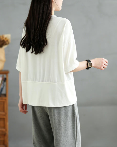 ellazhu Women's Irregular Hem Tee Crew Neck Short Sleeve Drop Shoulder Loose Plus Size Casual Summer Cotton Top GA2777