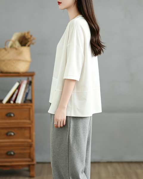 ellazhu Women's Irregular Hem Tee Crew Neck Short Sleeve Drop Shoulder Loose Plus Size Casual Summer Cotton Top GA2777