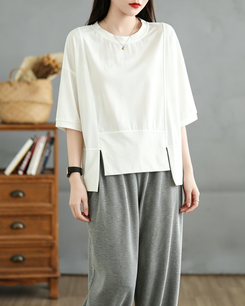 ellazhu Women's Irregular Hem Tee Crew Neck Short Sleeve Drop Shoulder Loose Plus Size Casual Summer Cotton Top GA2777