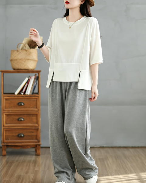 ellazhu Women's Irregular Hem Tee Crew Neck Short Sleeve Drop Shoulder Loose Plus Size Casual Summer Cotton Top GA2777