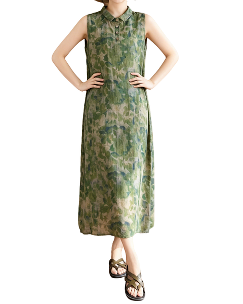 ellazhu Women's Sleeveless Linen Maxi Dress Floral Print Collared Button Loose Plus Size A Line Sundress GA2778