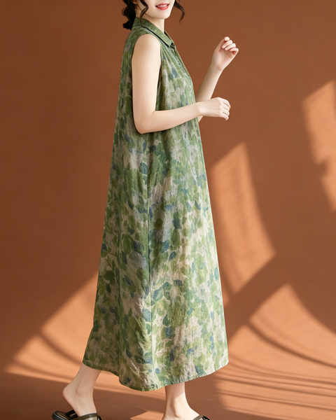 ellazhu Women's Sleeveless Linen Maxi Dress Floral Print Collared Button Loose Plus Size A Line Sundress GA2778
