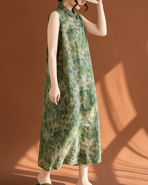ellazhu Women's Sleeveless Linen Maxi Dress Floral Print Collared Button Loose Plus Size A Line Sundress GA2778