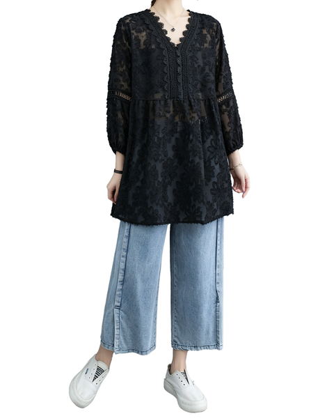 ellazhu Women's Lace V Neck Blouse Floral Embroidered Sheer 3/4 Sleeve Loose Plus Size Boho Tunic Shirt GA2779