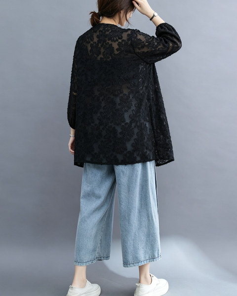 ellazhu Women's Lace V Neck Blouse Floral Embroidered Sheer 3/4 Sleeve Loose Plus Size Boho Tunic Shirt GA2779