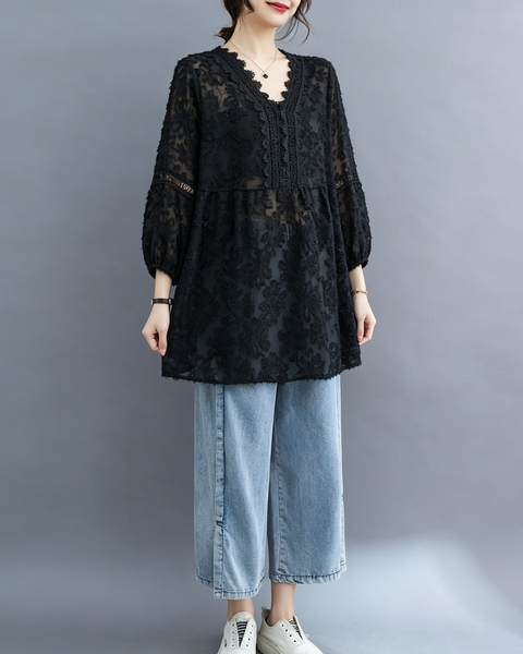 ellazhu Women's Lace V Neck Blouse Floral Embroidered Sheer 3/4 Sleeve Loose Plus Size Boho Tunic Shirt GA2779