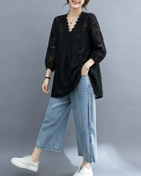 ellazhu Women's Lace V Neck Blouse Floral Embroidered Sheer 3/4 Sleeve Loose Plus Size Boho Tunic Shirt GA2779