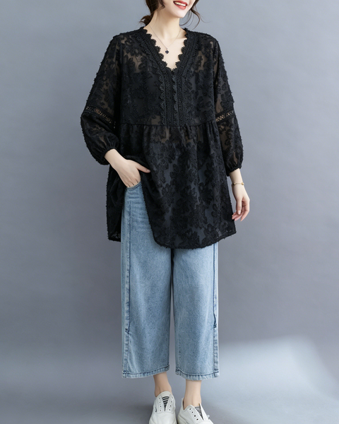 ellazhu Women's Lace V Neck Blouse Floral Embroidered Sheer 3/4 Sleeve Loose Plus Size Boho Tunic Shirt GA2779