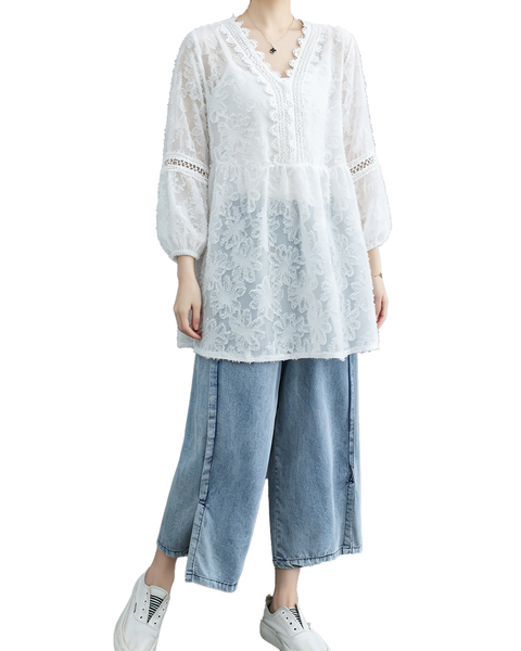 ellazhu Women's Lace V Neck Blouse Floral Embroidered Sheer 3/4 Sleeve Loose Plus Size Boho Tunic Shirt GA2779