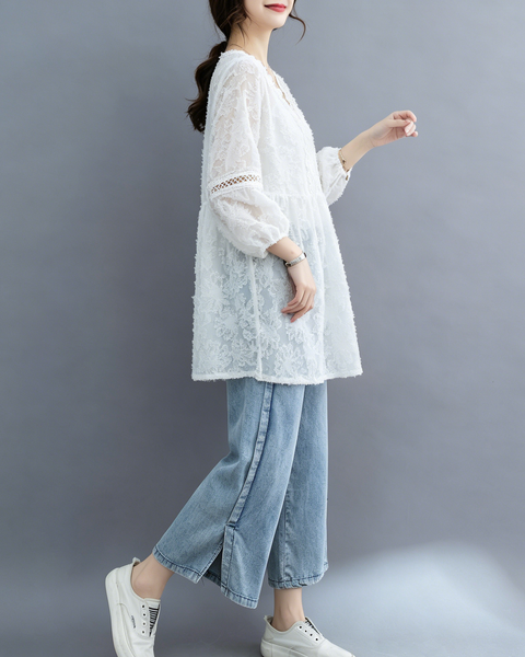 ellazhu Women's Lace V Neck Blouse Floral Embroidered Sheer 3/4 Sleeve Loose Plus Size Boho Tunic Shirt GA2779