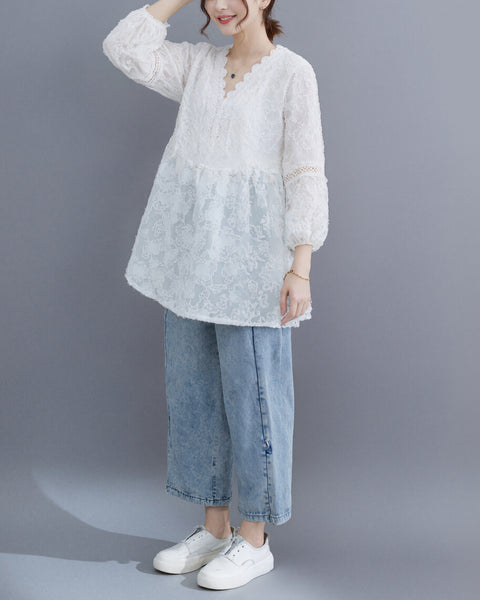 ellazhu Women's Lace V Neck Blouse Floral Embroidered Sheer 3/4 Sleeve Loose Plus Size Boho Tunic Shirt GA2779