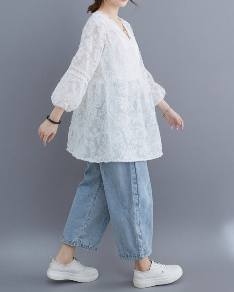 ellazhu Women's Lace V Neck Blouse Floral Embroidered Sheer 3/4 Sleeve Loose Plus Size Boho Tunic Shirt GA2779