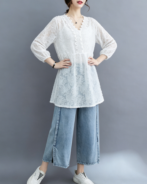 ellazhu Women's Lace V Neck Blouse Floral Embroidered Sheer 3/4 Sleeve Loose Plus Size Boho Tunic Shirt GA2779