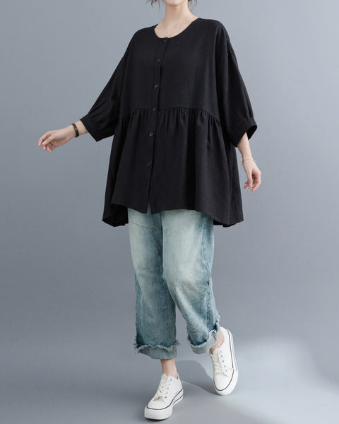 ellazhu Women's Cotton Linen Blouse Button Down Babydoll Tunic 3/4 Sleeve Loose Plus Size Casual Peplum Shirt GA2780