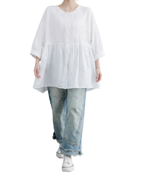ellazhu Women's Cotton Linen Blouse Button Down Babydoll Tunic 3/4 Sleeve Loose Plus Size Casual Peplum Shirt GA2780