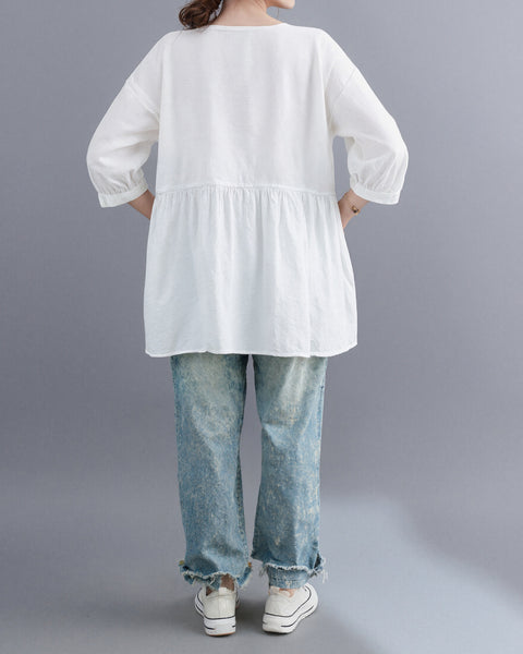ellazhu Women's Cotton Linen Blouse Button Down Babydoll Tunic 3/4 Sleeve Loose Plus Size Casual Peplum Shirt GA2780