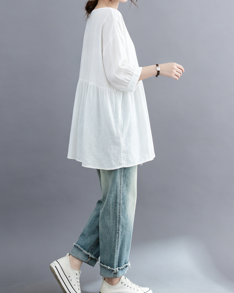 ellazhu Women's Cotton Linen Blouse Button Down Babydoll Tunic 3/4 Sleeve Loose Plus Size Casual Peplum Shirt GA2780