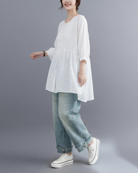 ellazhu Women's Cotton Linen Blouse Button Down Babydoll Tunic 3/4 Sleeve Loose Plus Size Casual Peplum Shirt GA2780