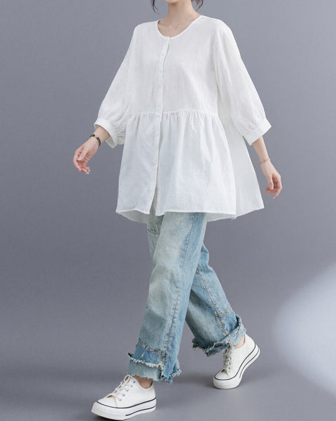 ellazhu Women's Cotton Linen Blouse Button Down Babydoll Tunic 3/4 Sleeve Loose Plus Size Casual Peplum Shirt GA2780