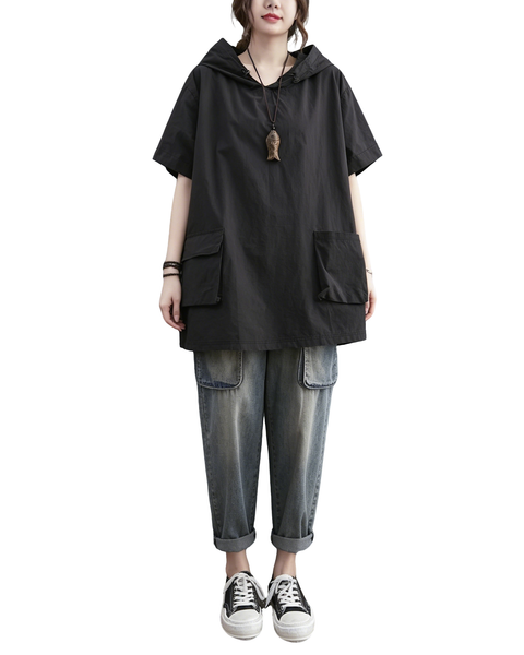 ellazhu Women's Hooded Tunic Top Oversized Short Sleeve Cotton Blend Patch Pocket Casual Loose T Shirt Plus Size GA2781