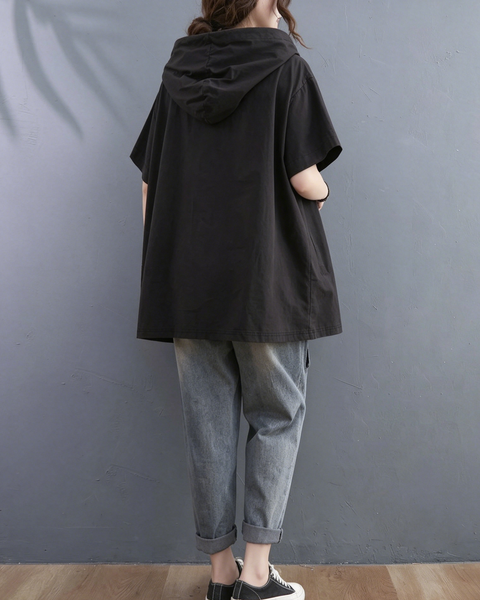 ellazhu Women's Hooded Tunic Top Oversized Short Sleeve Cotton Blend Patch Pocket Casual Loose T Shirt Plus Size GA2781