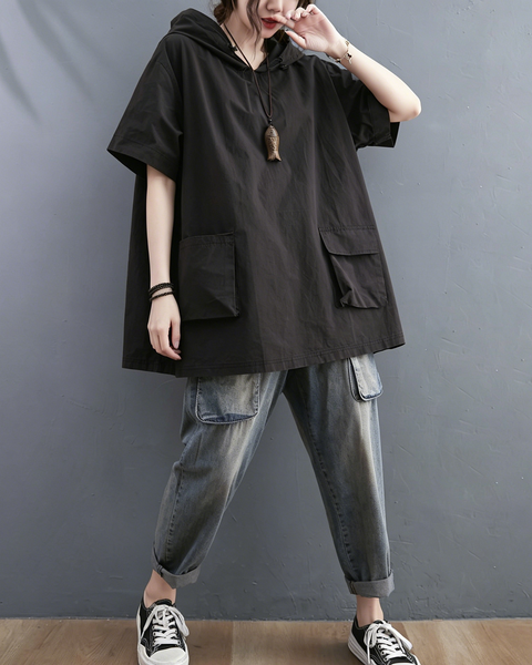 ellazhu Women's Hooded Tunic Top Oversized Short Sleeve Cotton Blend Patch Pocket Casual Loose T Shirt Plus Size GA2781
