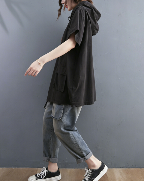 ellazhu Women's Hooded Tunic Top Oversized Short Sleeve Cotton Blend Patch Pocket Casual Loose T Shirt Plus Size GA2781
