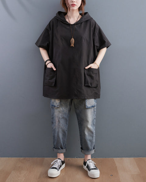 ellazhu Women's Hooded Tunic Top Oversized Short Sleeve Cotton Blend Patch Pocket Casual Loose T Shirt Plus Size GA2781