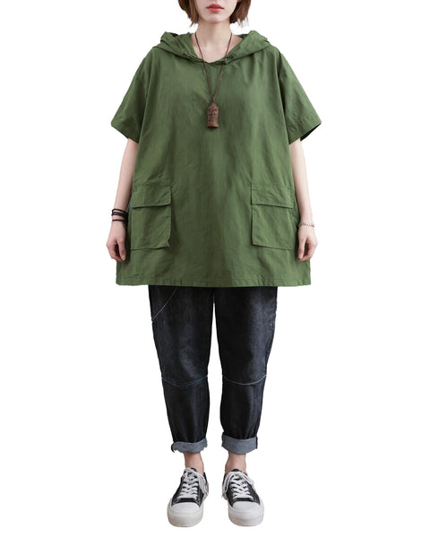 ellazhu Women's Hooded Tunic Top Oversized Short Sleeve Cotton Blend Patch Pocket Casual Loose T Shirt Plus Size GA2781