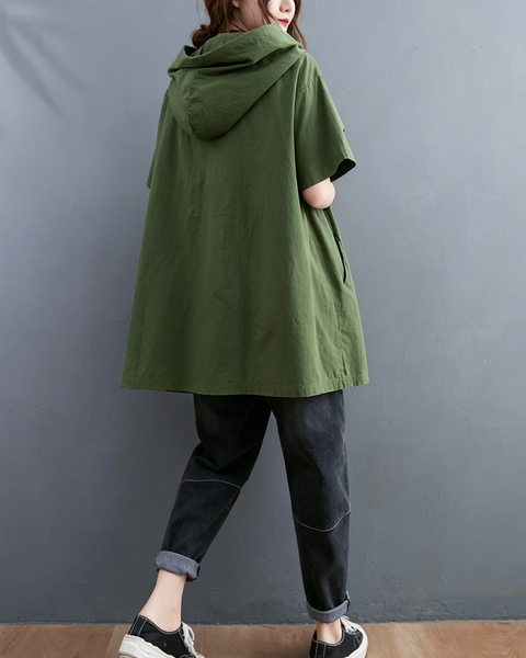 ellazhu Women's Hooded Tunic Top Oversized Short Sleeve Cotton Blend Patch Pocket Casual Loose T Shirt Plus Size GA2781