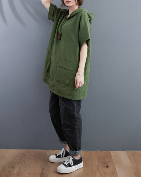 ellazhu Women's Hooded Tunic Top Oversized Short Sleeve Cotton Blend Patch Pocket Casual Loose T Shirt Plus Size GA2781
