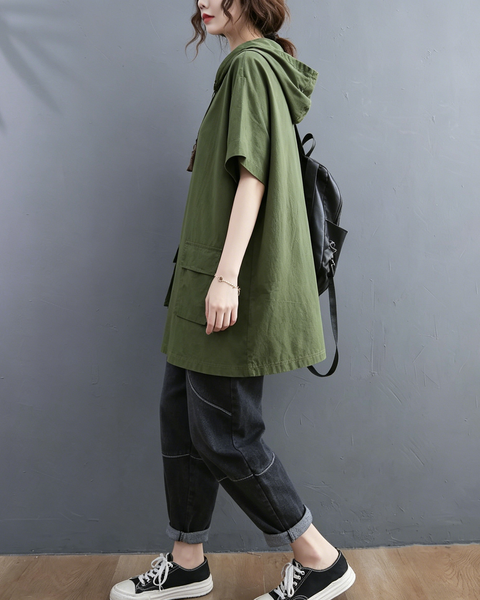 ellazhu Women's Hooded Tunic Top Oversized Short Sleeve Cotton Blend Patch Pocket Casual Loose T Shirt Plus Size GA2781